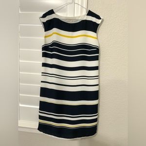 ann taylor loft navy, white, & yellow striped sleeveless shift dress